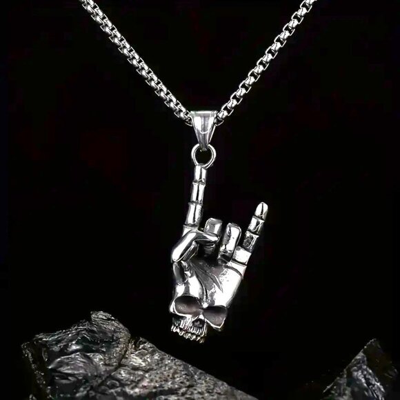 Necklace Hand Punk Edgy Rock Skull Pendant Gesture Metal Stainless Chain Trendy - Picture 3 of 5